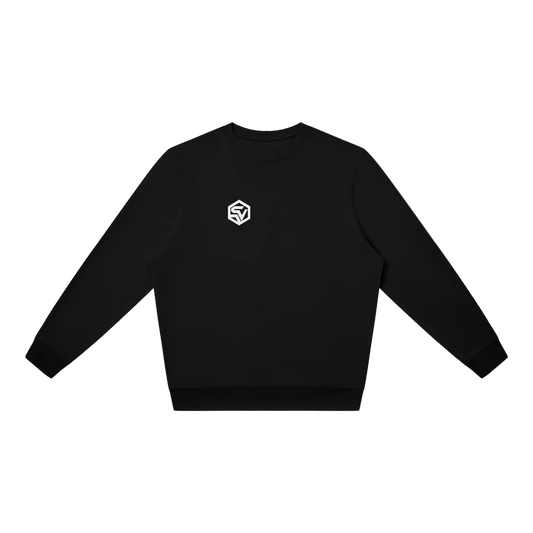Front view of the Steelvora SUNDOWN oversized black crewneck sweatshirt featuring a white SV chest logo.