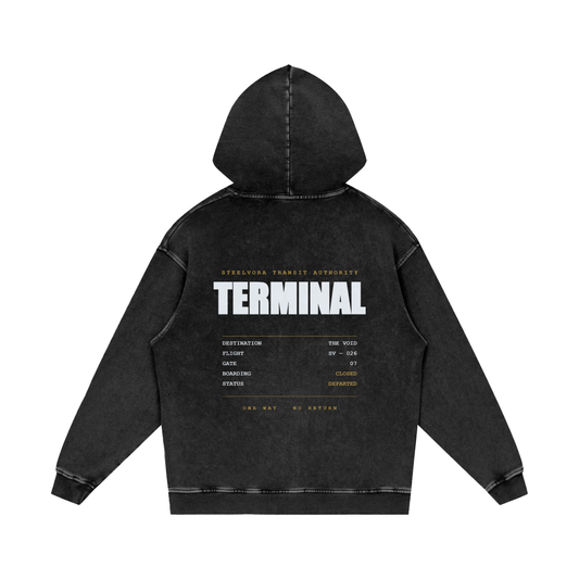 Terminal — Snow Washed Loose Cotton Hoodie | Departure Board Transit Streetwear Hoodie