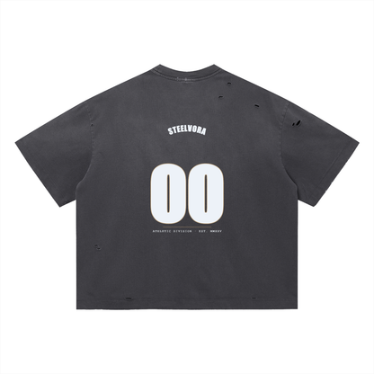 00 — Vintage Washed Distressed Boxy Tee | Varsity Jersey Number Streetwear T-Shirt (305 GMS)