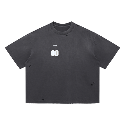 00 — Vintage Washed Distressed Boxy Tee | Varsity Jersey Number Streetwear T-Shirt (305 GMS)