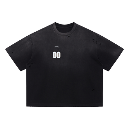 00 — Vintage Washed Distressed Boxy Tee | Varsity Jersey Number Streetwear T-Shirt (305 GMS)