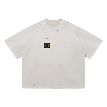 00 — Vintage Washed Distressed Boxy Tee | Varsity Jersey Number Streetwear T-Shirt (305 GMS)