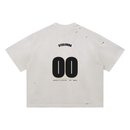 00 — Vintage Washed Distressed Boxy Tee | Varsity Jersey Number Streetwear T-Shirt (305 GMS)