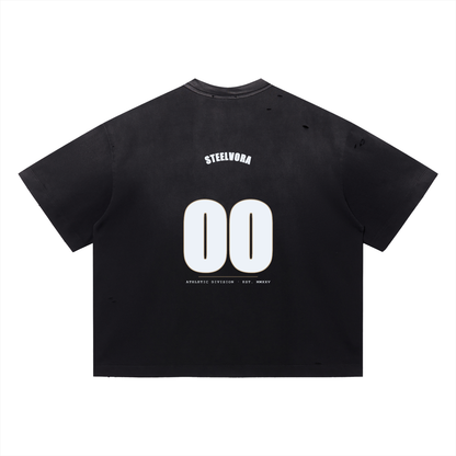 00 — Vintage Washed Distressed Boxy Tee | Varsity Jersey Number Streetwear T-Shirt (305 GMS)