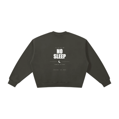 Back view of the Steelvora NO SLEEP boxy fleece crewneck sweatshirt featuring a bold NO SLEEP graphic with crescent moon design on a dark gray oversized sweatshirt.