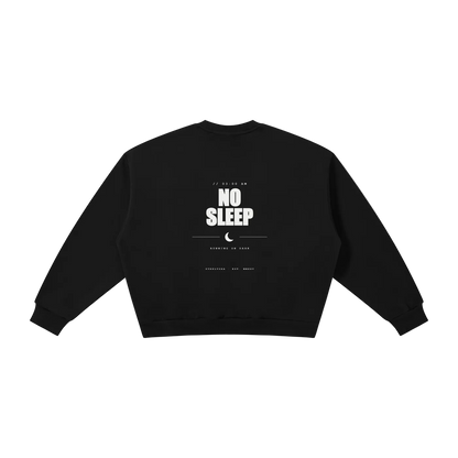 Back view of the Steelvora NO SLEEP boxy fleece crewneck sweatshirt featuring a bold NO SLEEP graphic with crescent moon design on a black oversized sweatshirt.