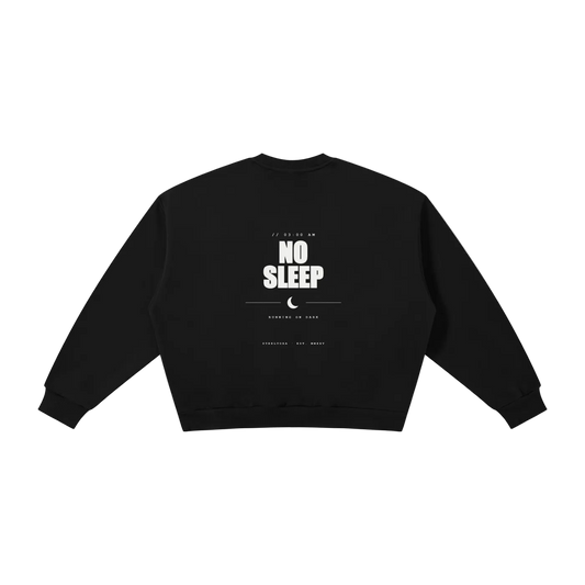 Back view of the Steelvora NO SLEEP boxy fleece crewneck sweatshirt featuring a bold NO SLEEP graphic with crescent moon design on a black oversized sweatshirt.