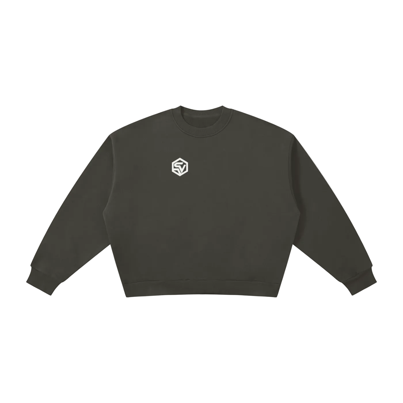 Front view of the Steelvora NO SLEEP boxy fleece crewneck sweatshirt featuring a minimal white SV chest logo on a dark gray oversized sweatshirt.