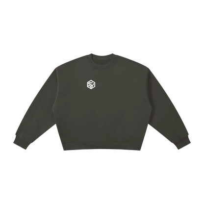 Front view of the Steelvora NO SLEEP boxy fleece crewneck sweatshirt featuring a minimal white SV chest logo on a dark gray oversized sweatshirt.