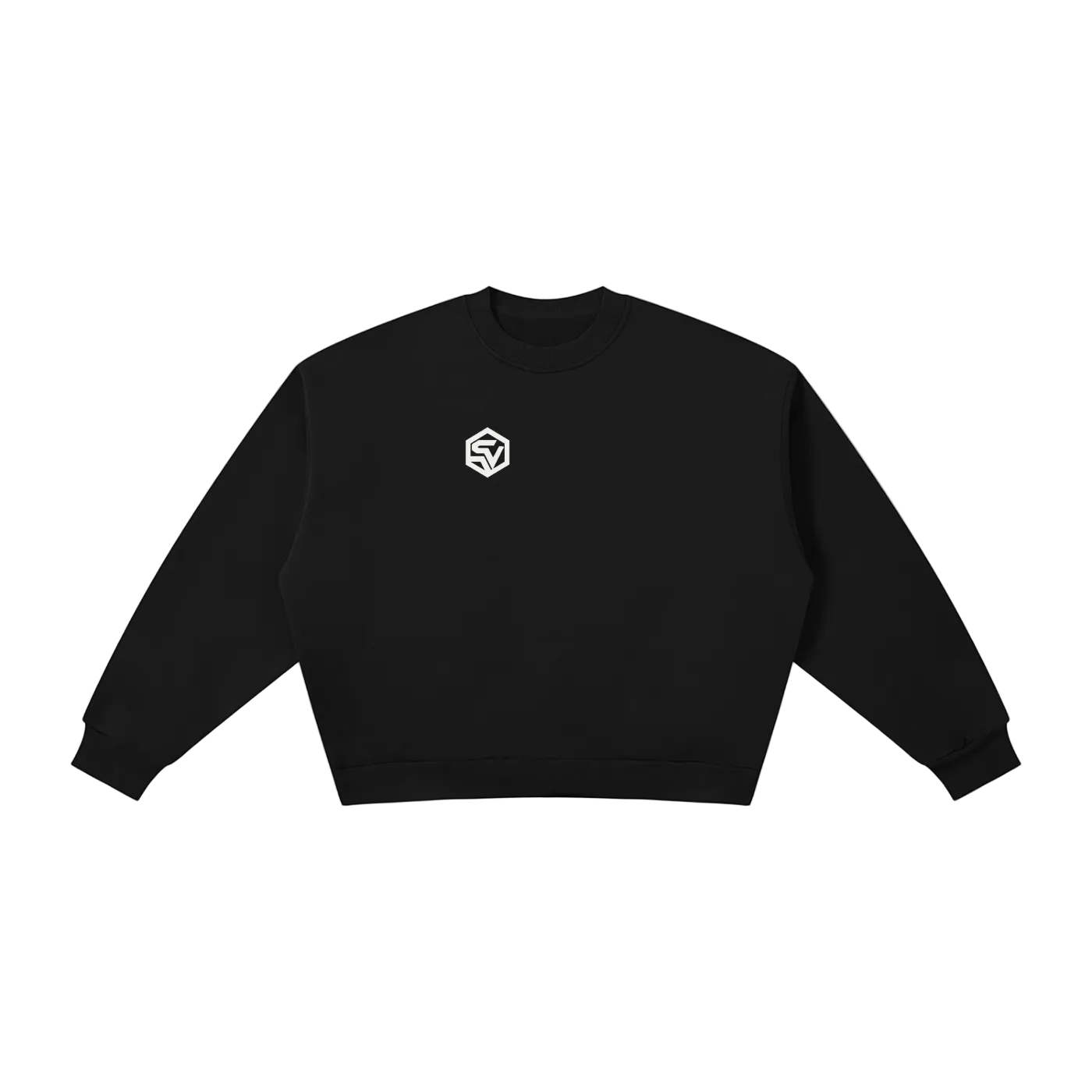Front view of the Steelvora NO SLEEP boxy fleece crewneck sweatshirt featuring a minimal white SV chest logo on a black oversized sweatshirt.