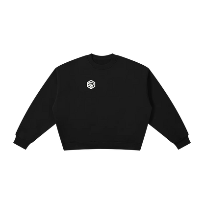 Front view of the Steelvora NO SLEEP boxy fleece crewneck sweatshirt featuring a minimal white SV chest logo on a black oversized sweatshirt.