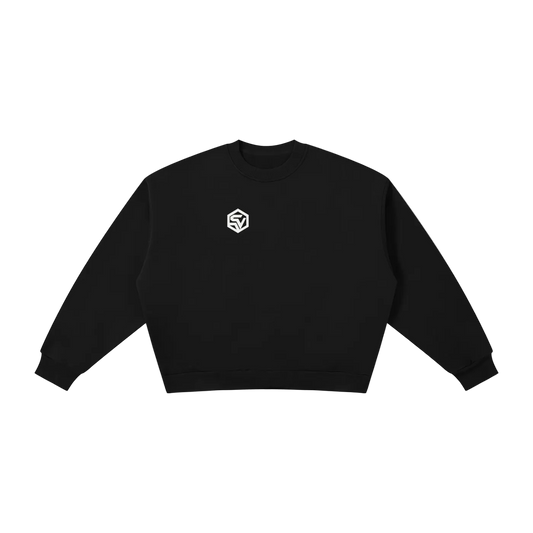 Front view of the Steelvora NO SLEEP boxy fleece crewneck sweatshirt featuring a minimal white SV chest logo on a black oversized sweatshirt.
