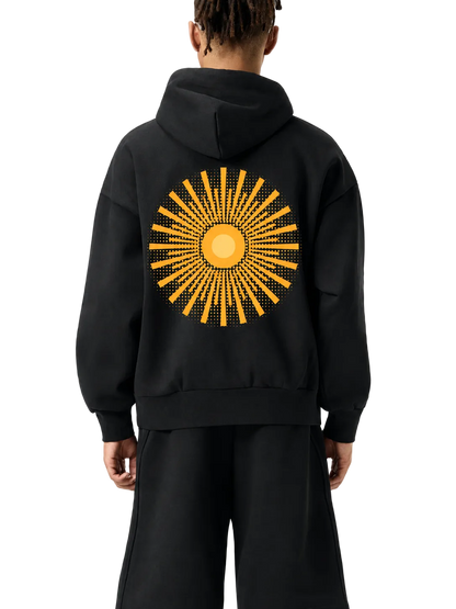 Solar Flare Hoodie — Oversized Heavyweight Streetwear Hoodie with Gold Sunburst Print (500 GMS)
