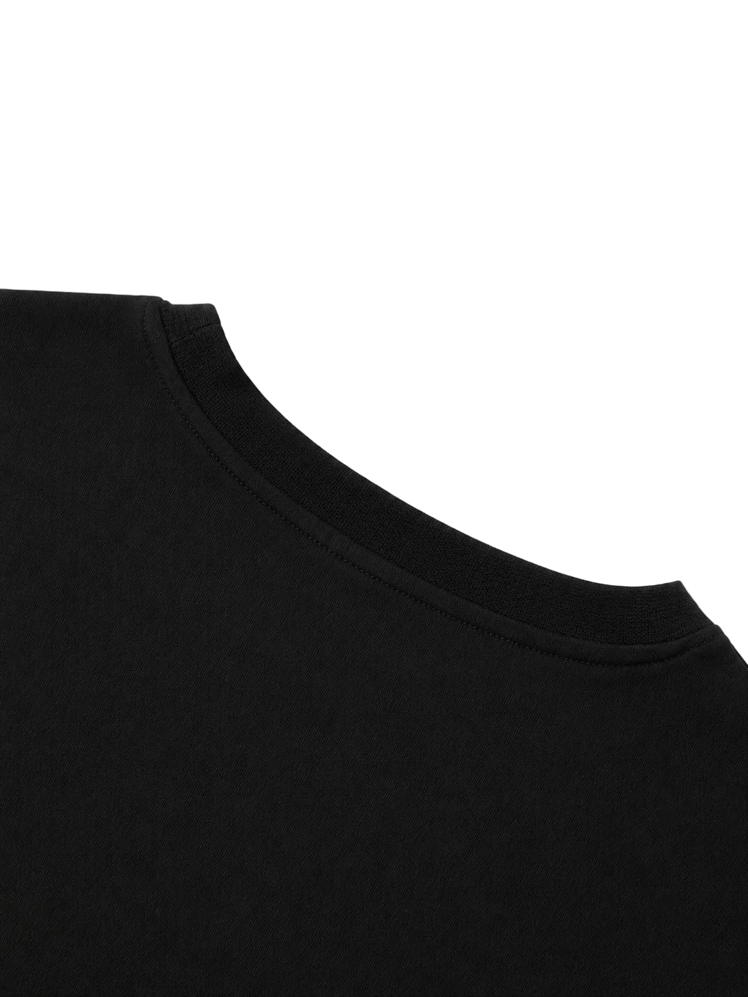 Close-up of the ribbed crew neck collar on the Steelvora black oversized crewneck sweatshirt, highlighting the premium cotton-blend fabric and clean stitching.