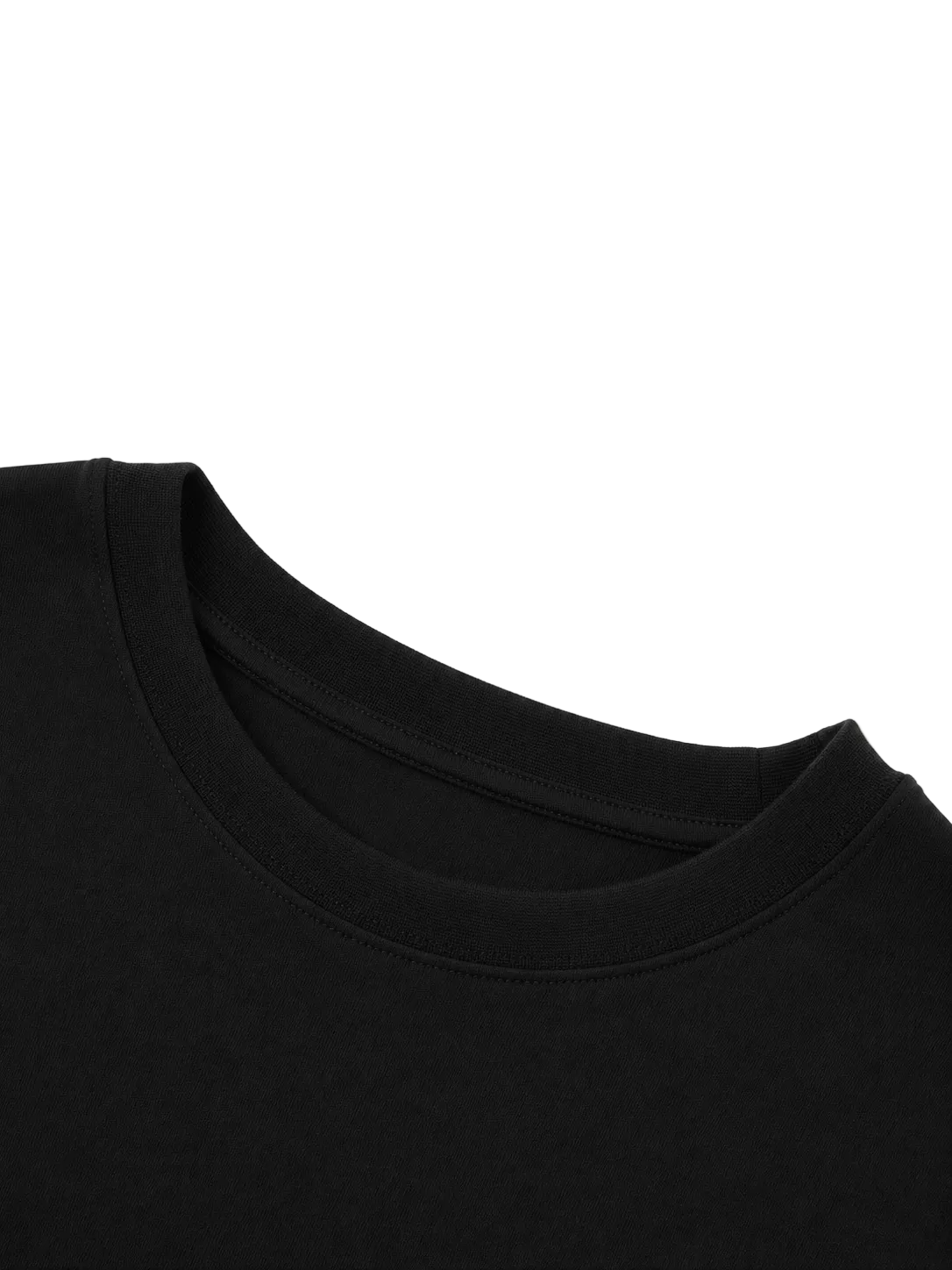 Close-up detail of the ribbed collar and neckline on the Steelvora SUNDOWN oversized black crewneck sweatshirt.