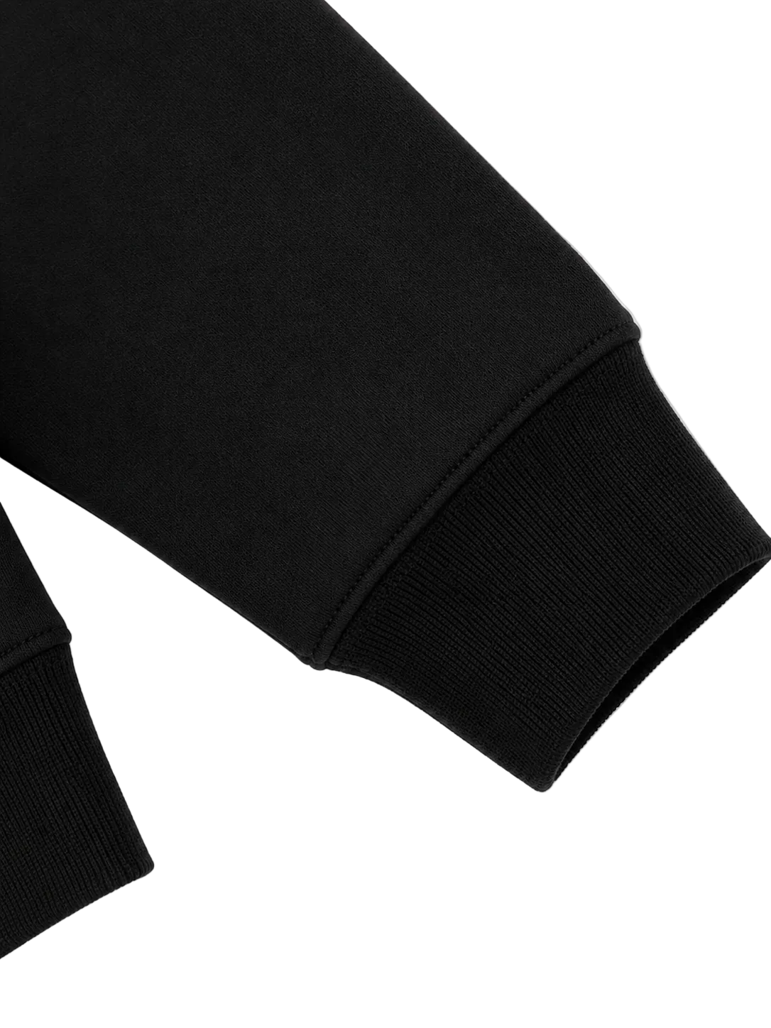 Close-up of the ribbed cuff on the Steelvora SUNDOWN oversized black crewneck sweatshirt.