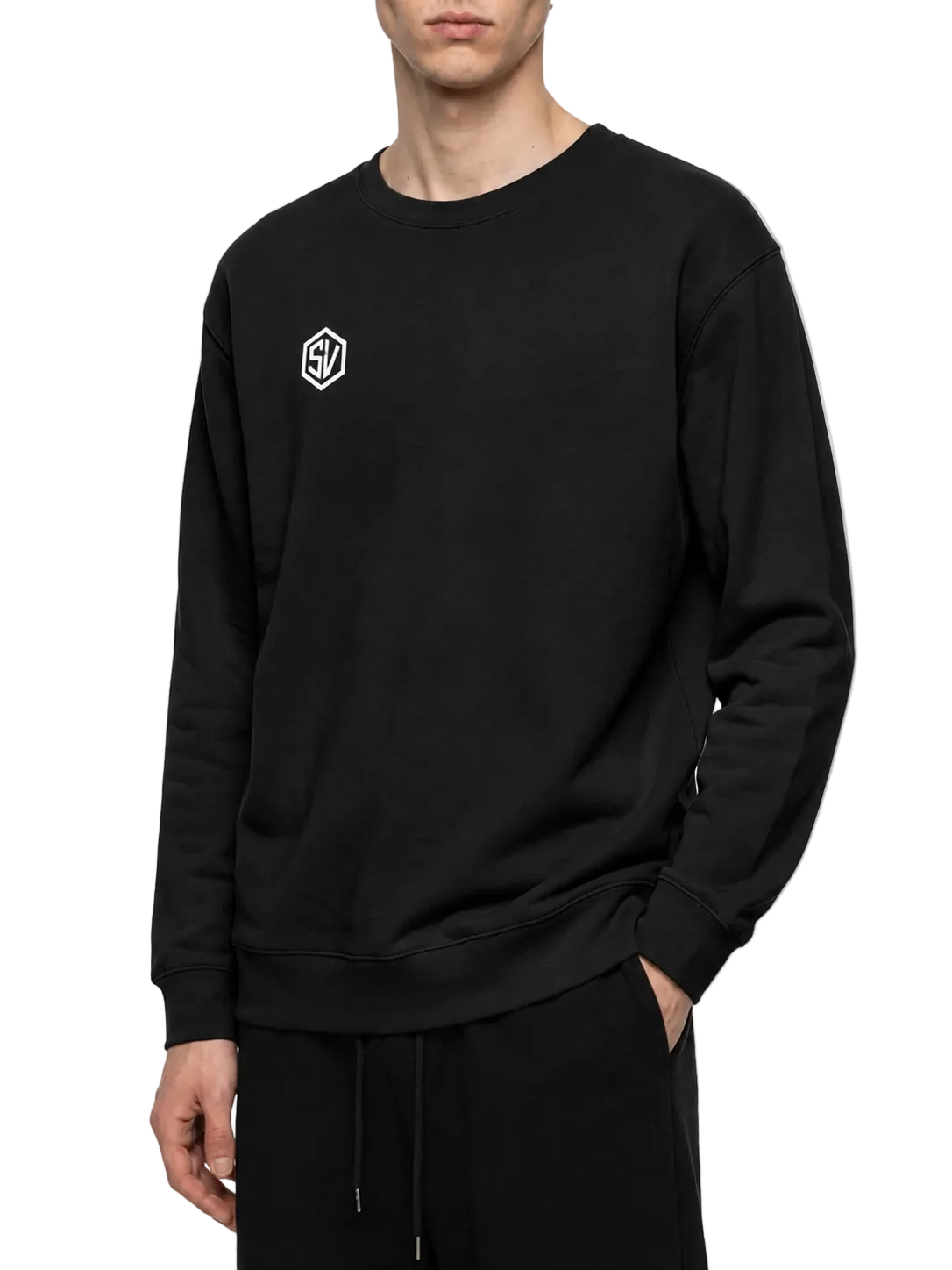 Back angled view of the Steelvora SUNDOWN oversized black crewneck sweatshirt featuring the large white SUNDOWN graphic print.