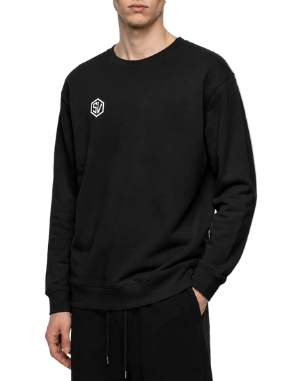 Back angled view of the Steelvora SUNDOWN oversized black crewneck sweatshirt featuring the large white SUNDOWN graphic print.