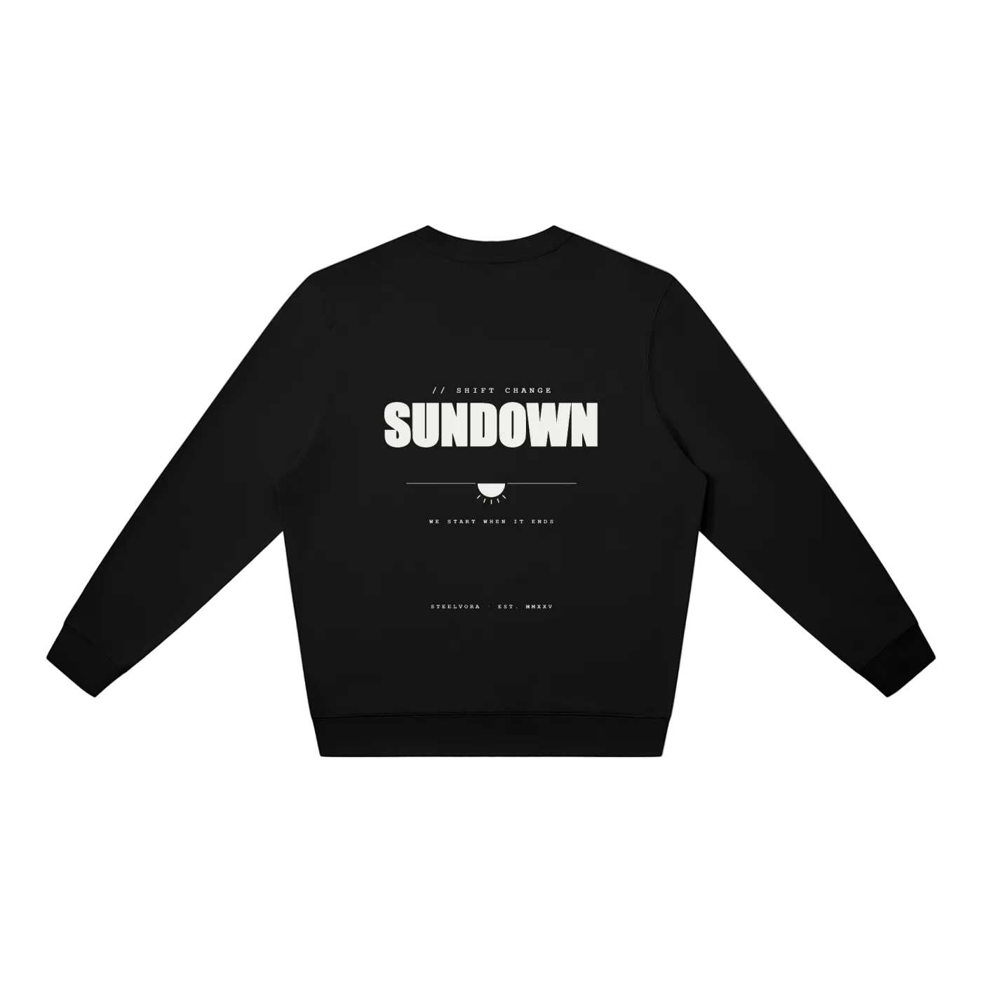 Back view of the Steelvora SUNDOWN oversized black crewneck sweatshirt featuring a bold white SUNDOWN graphic print.