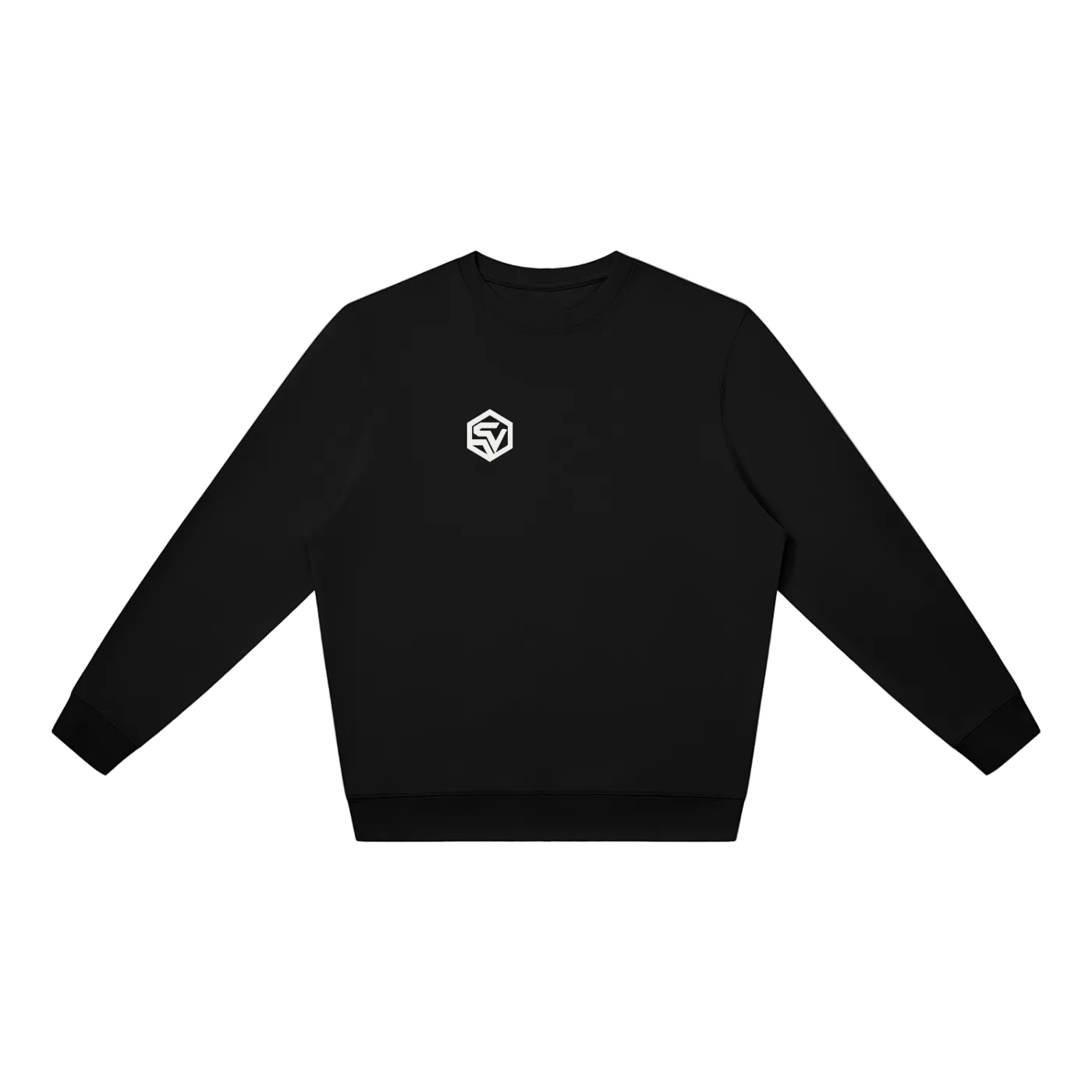 Front view of the Steelvora SUNDOWN oversized black crewneck sweatshirt featuring a white SV chest logo.